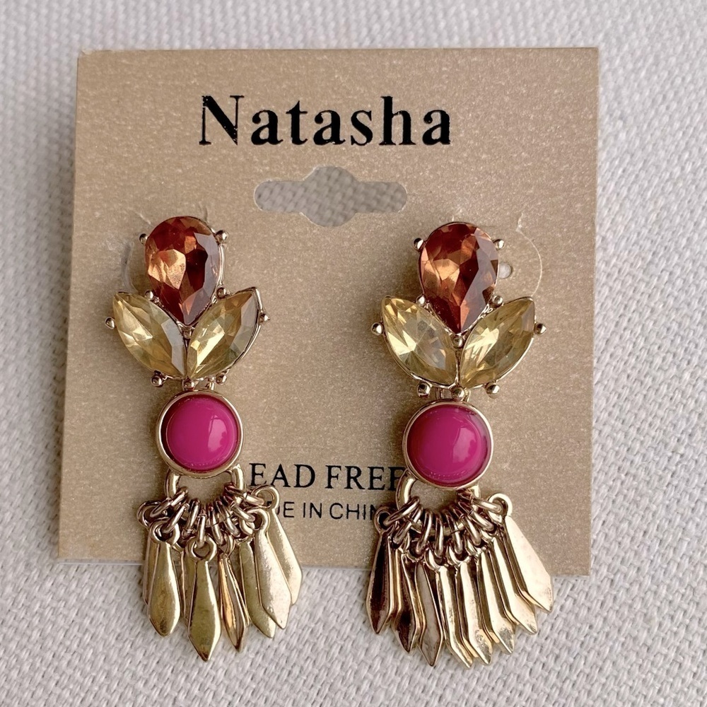 NATASHA Post Back Drop Earrings, Pink Bead, Amber/Champagne, Gold Tone Hardware